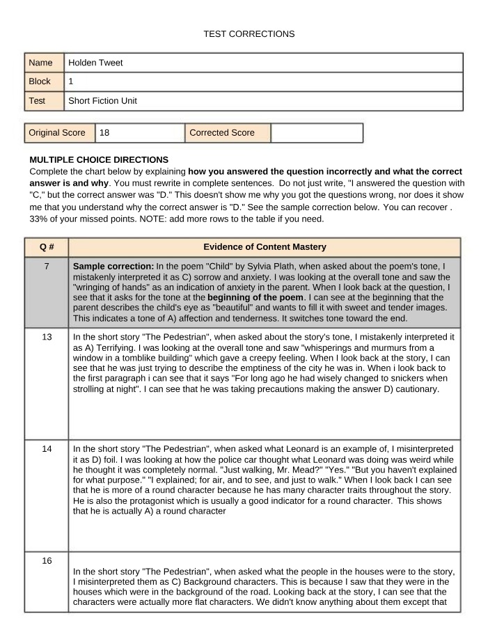 Corrections for the Short Fiction Unit Test