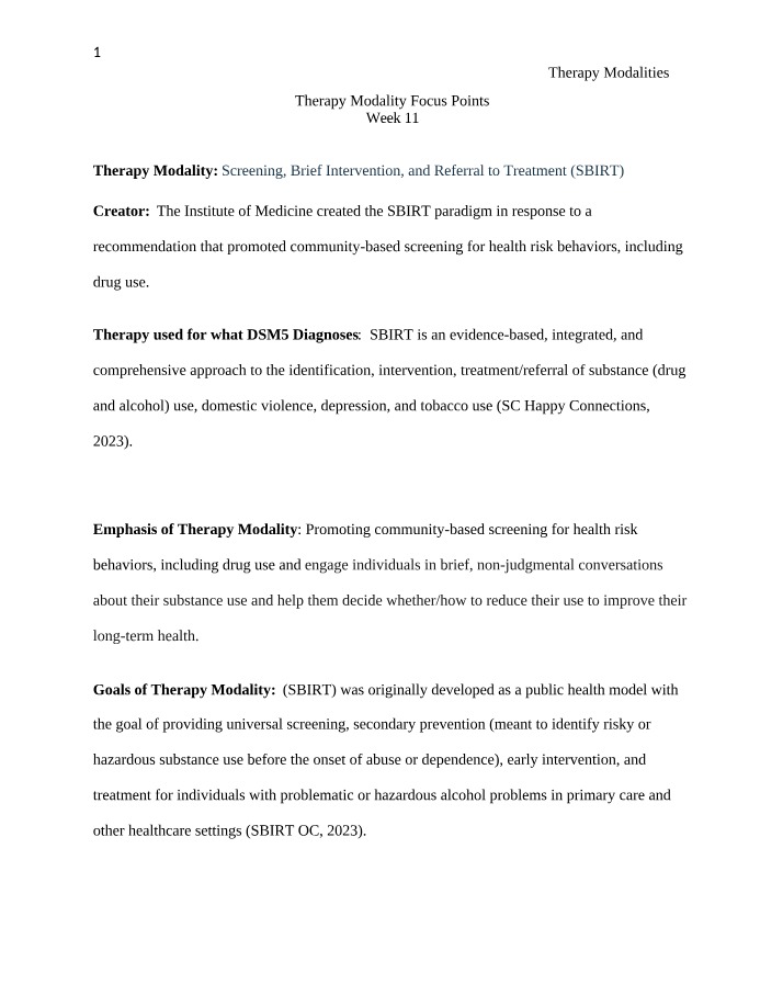 Week 11 Focus Points - SBIRT Therapy Modality
