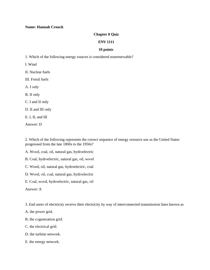 Quiz for Chapter 8