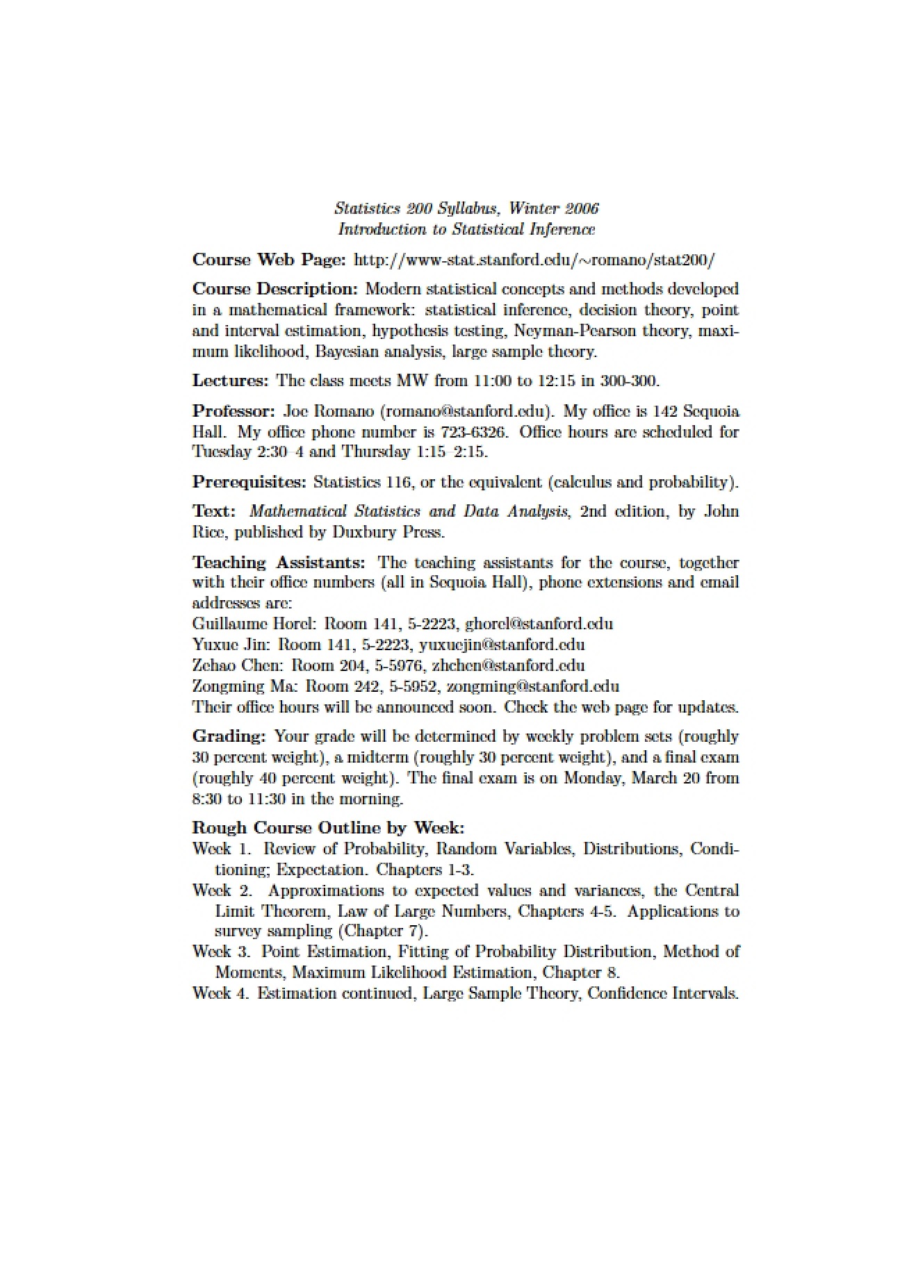 Syllabus for Introduction to Statistical Inference