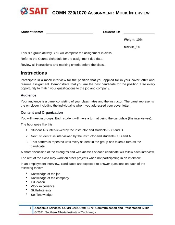 COMN 220 Face-to-Face Mock Interview Assignment