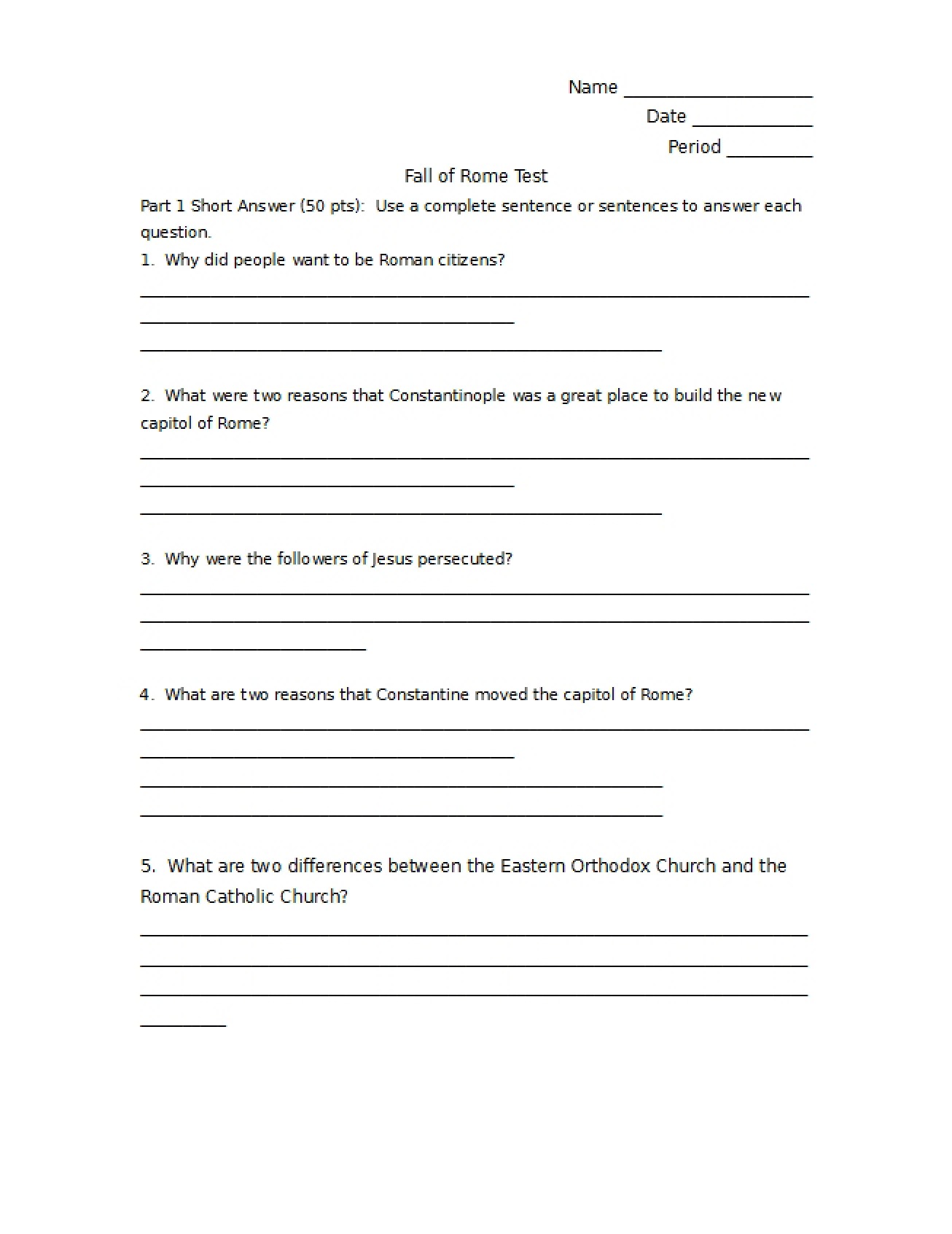 Test on the Fall of Rome