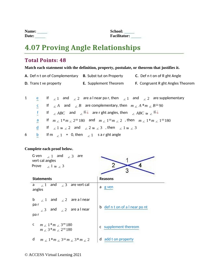 Proving Angle Relationships (4.07)