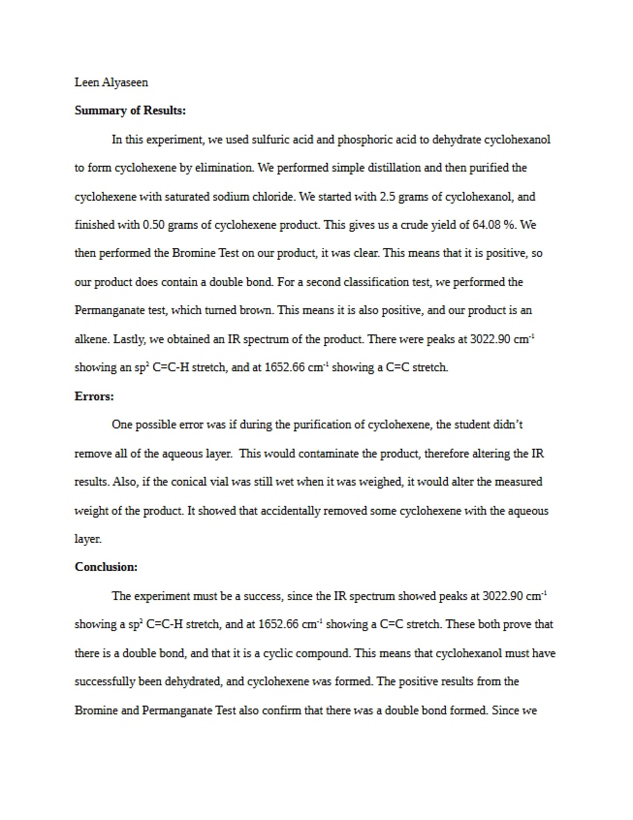 Twelfth Experiment for Fundamentals of Chemistry I