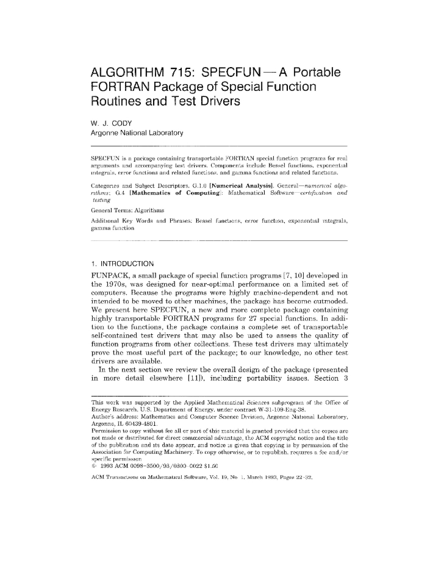 SPECFUN Special Function Routines in FORTRAN