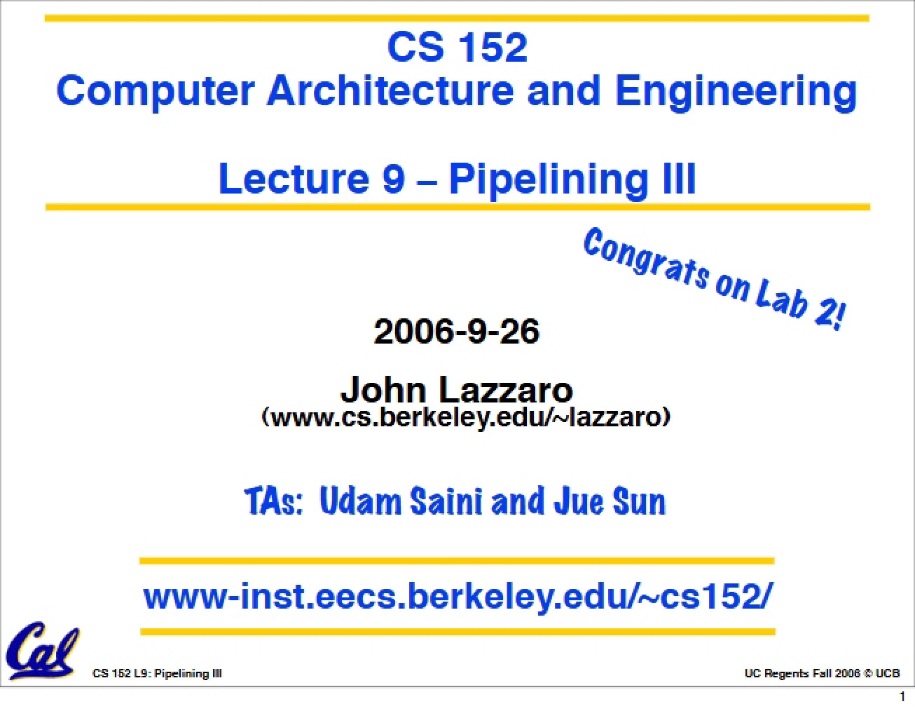 Pipelining Part III (Lecture 9)