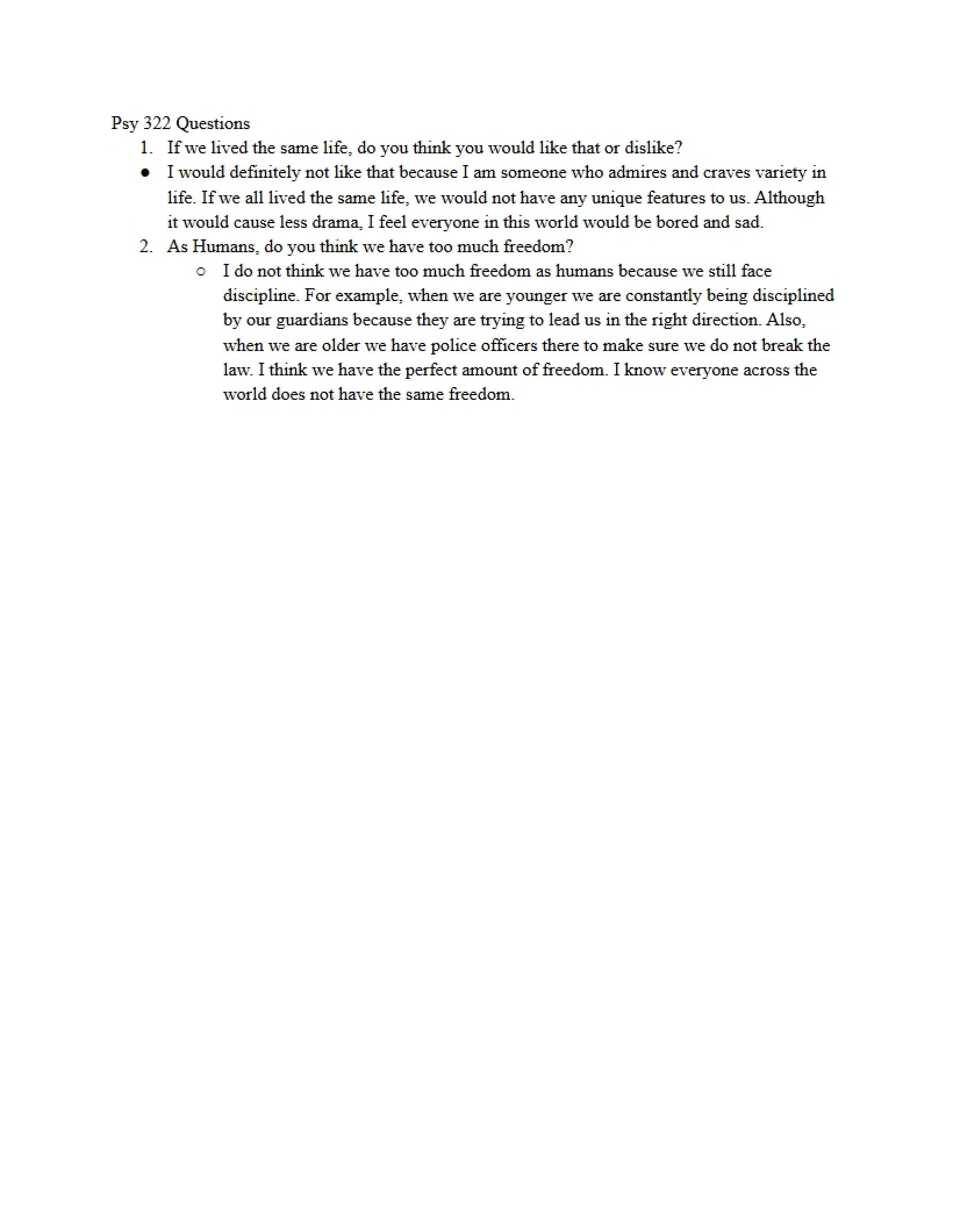 Questions for Psychology