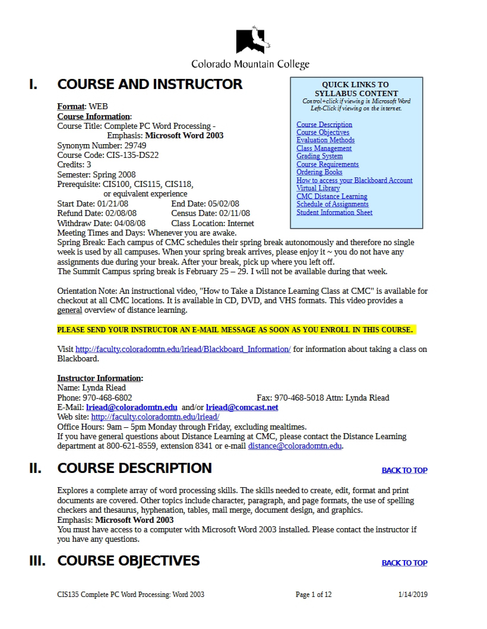 PC Word Processing Syllabus