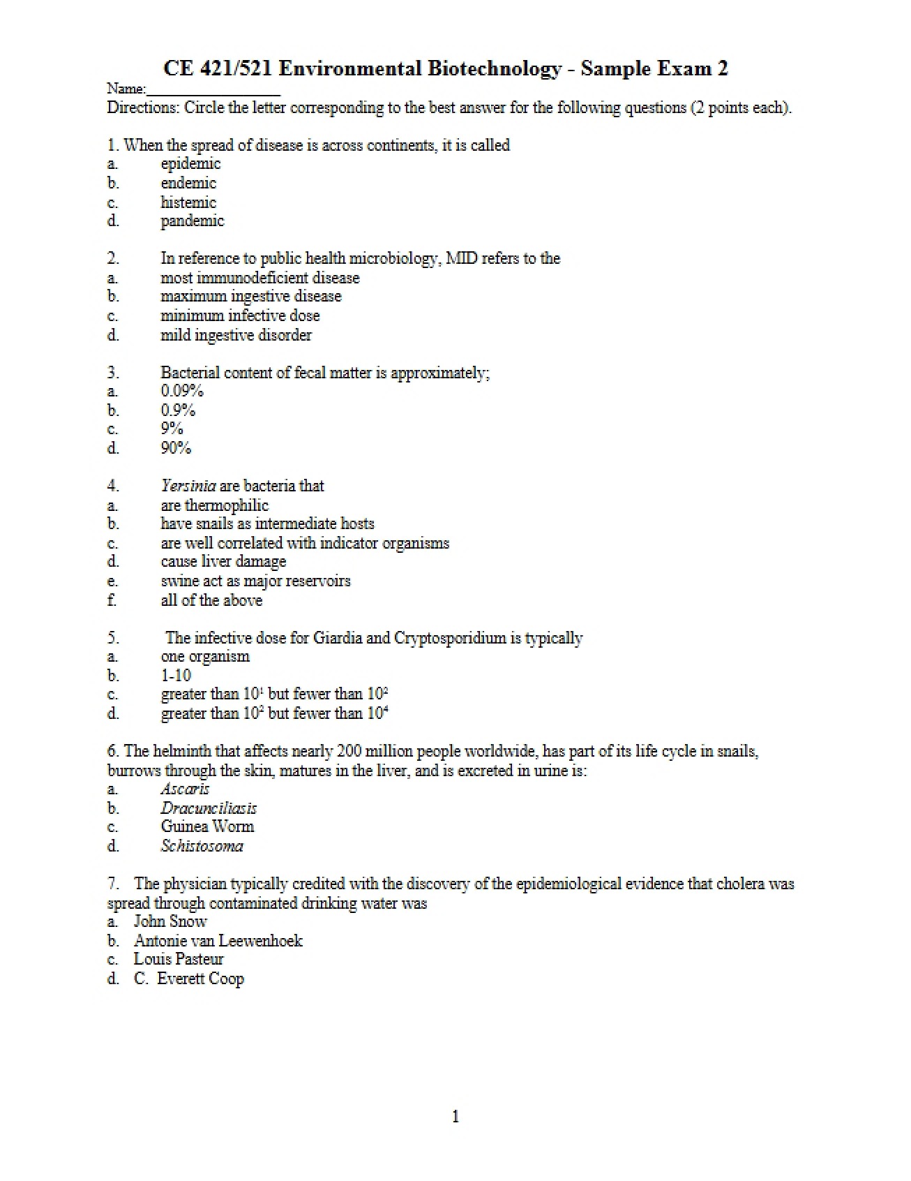 Second Sample Exam for Environmental Biotechnology