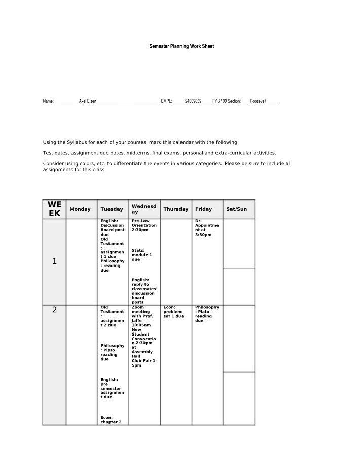 Worksheet for Semester Planning