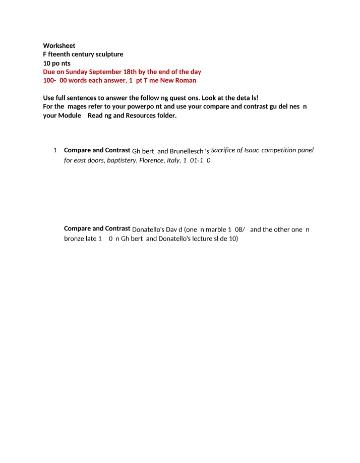 Worksheet on Fifteenth Century Sculpture