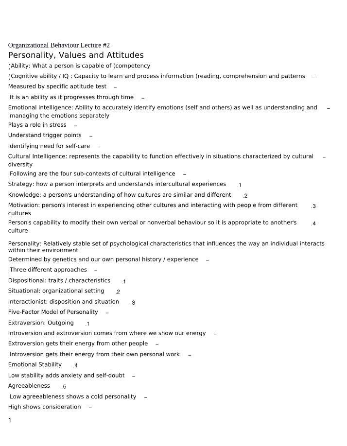 Personality, Values, and Attitudes - Organizational Behaviour Lecture #2