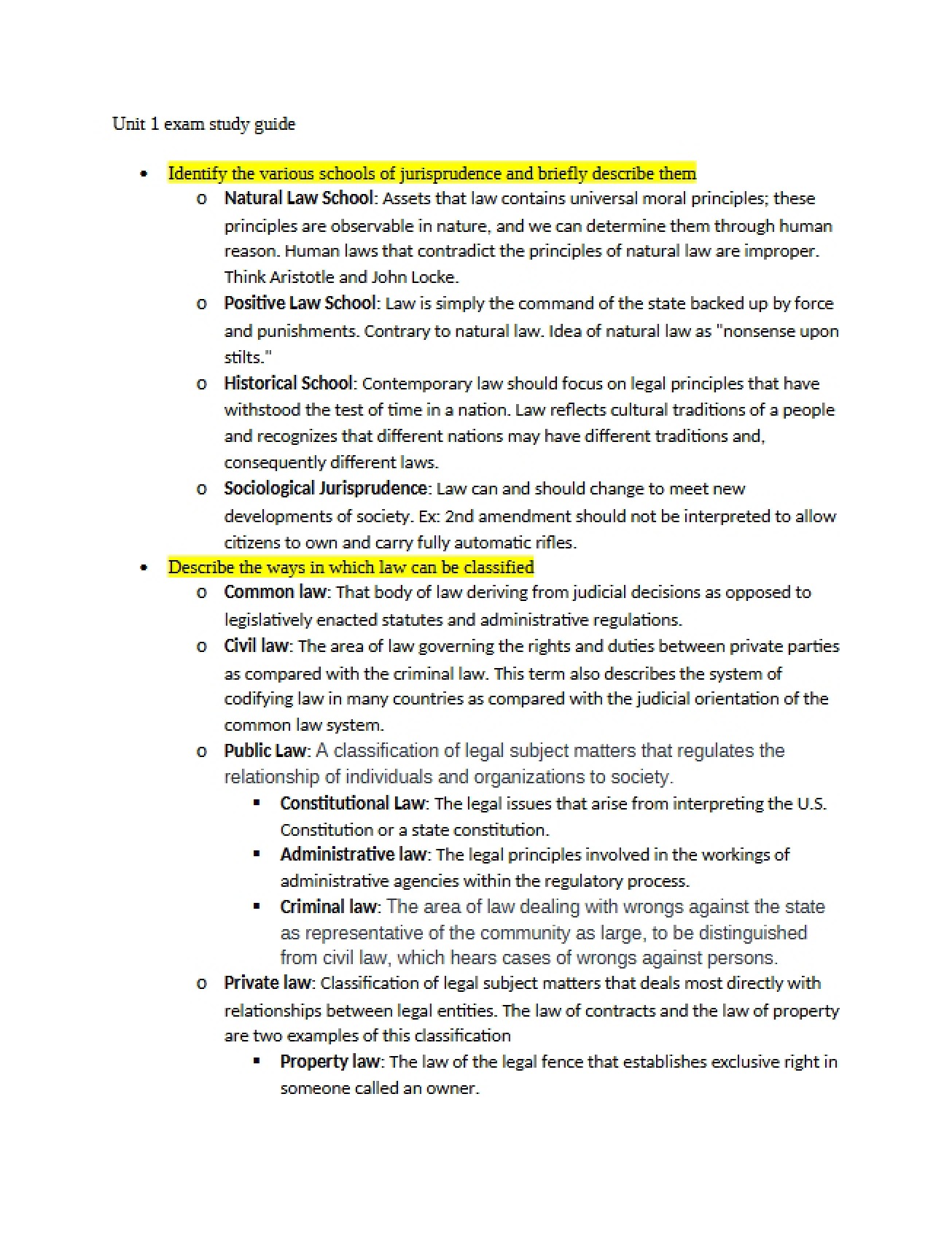 Study Guide for Unit One Exam (Spring 2022)