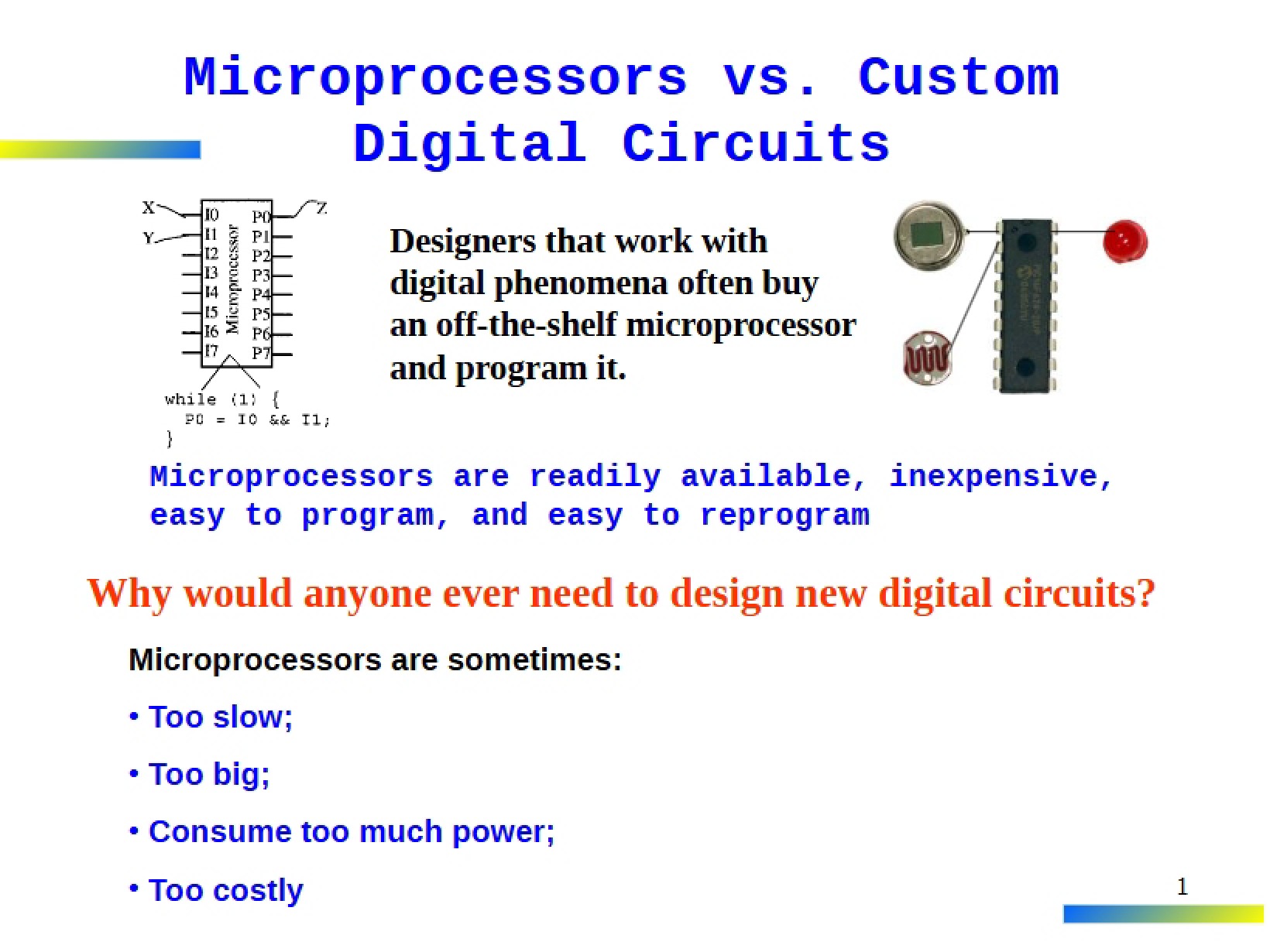Custom Digital Circuits Compared to Microprocessors