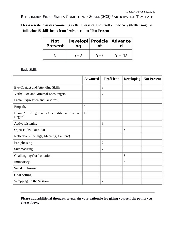 Benchmark Final Skills Competency Scale Participation Template (SCS)