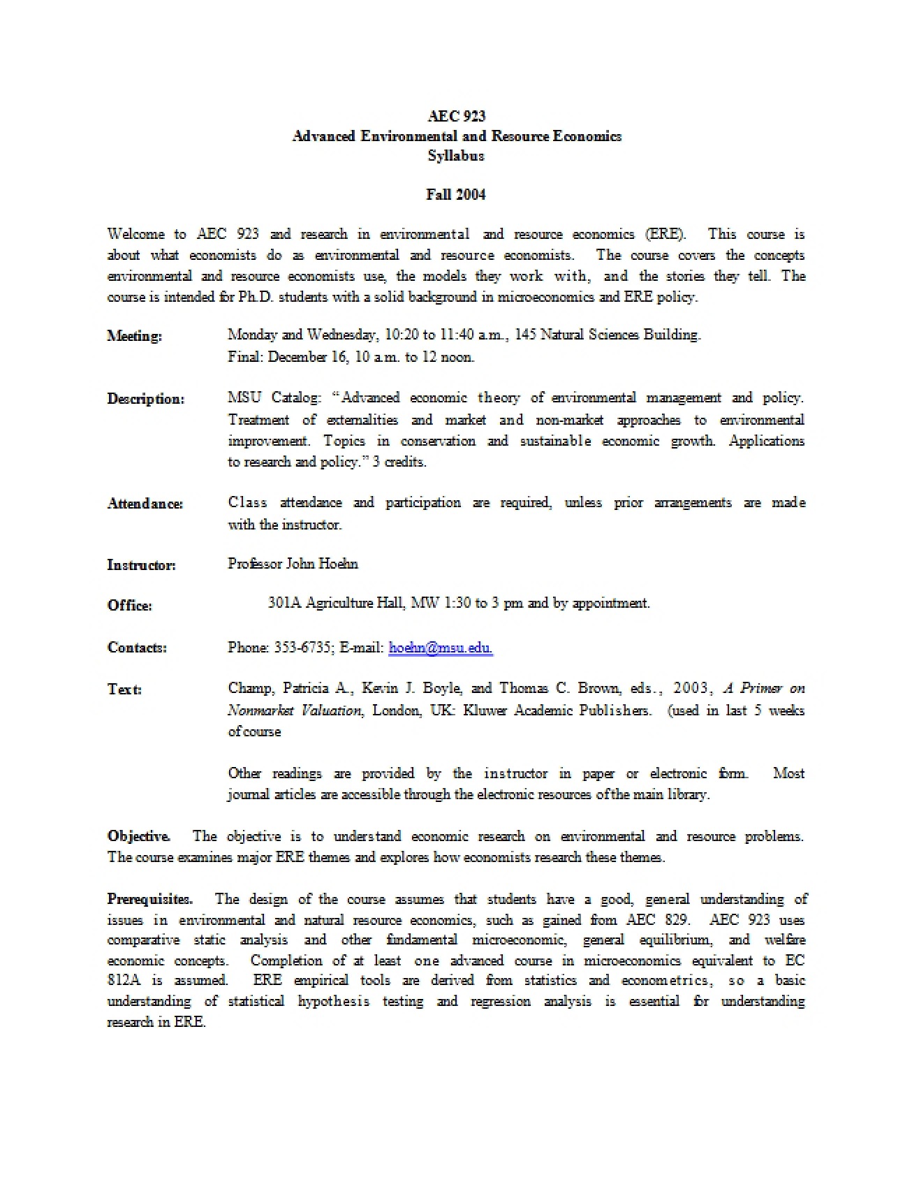 Advanced Environmental Resource Economics Syllabus