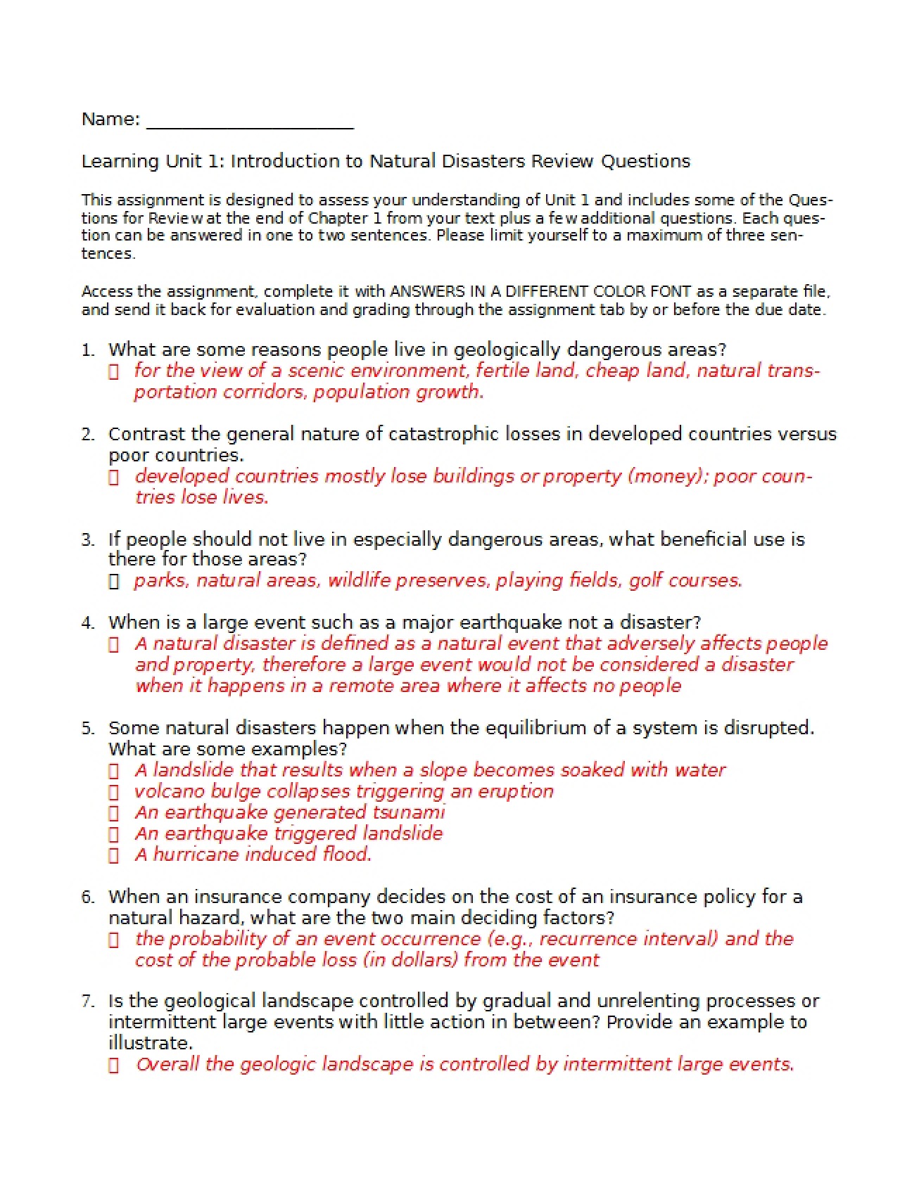 Key for Natural Disasters Intro Review