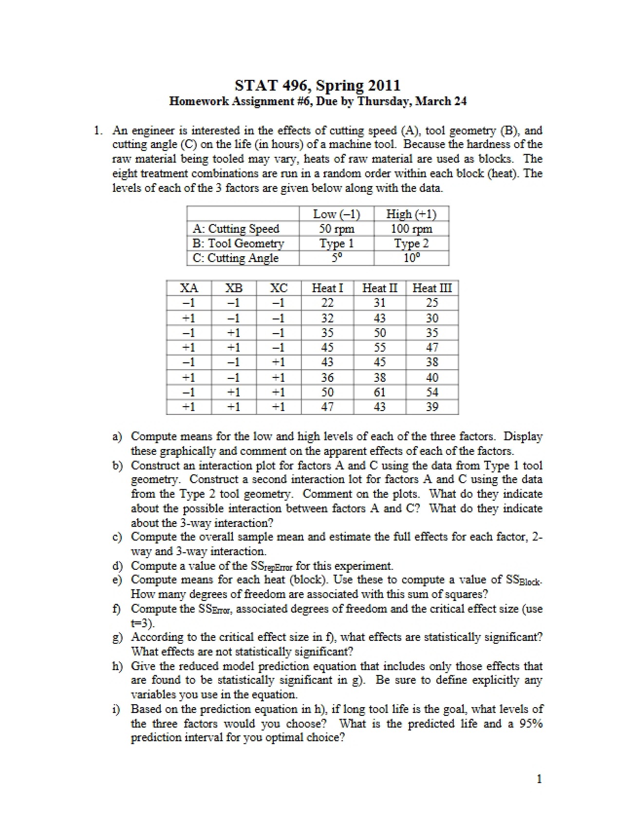 Sixth Homework from the Spring 2011 Semester of Applied Statistics