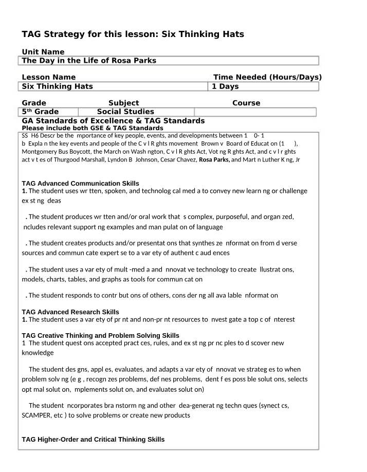 Six Thinking Hats Lesson Plan - The Day in the Life of Rosa Parks