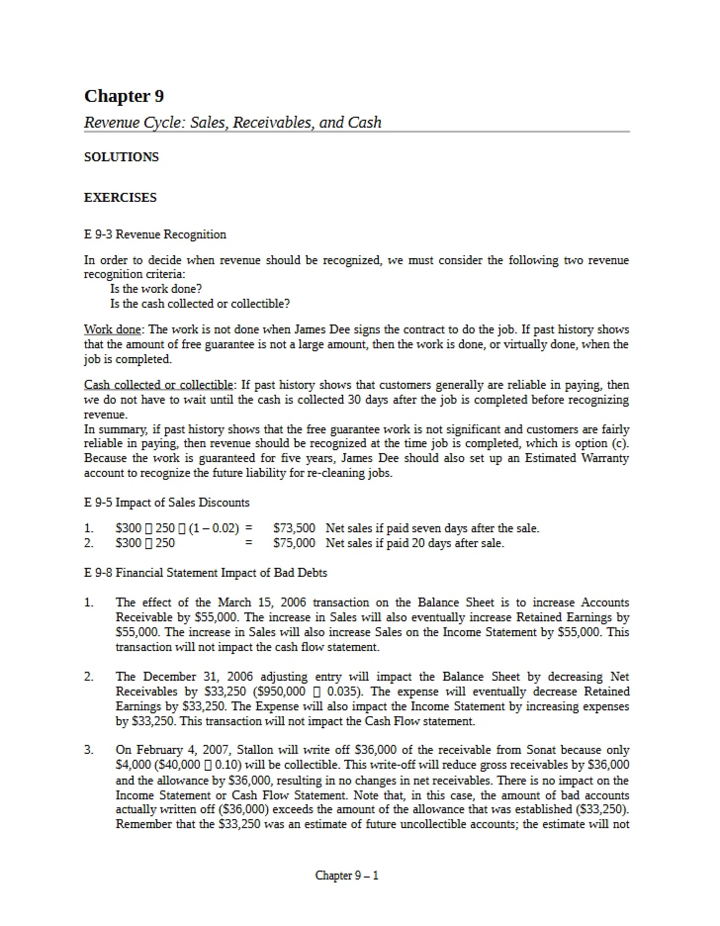 Revenue Cycle Cash, Sales, and Receivables (Chapter 9)
