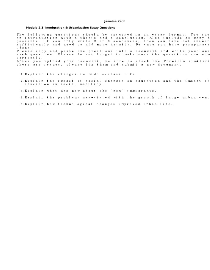 Module 2.3 Essay Questions - Immigration and Urbanization