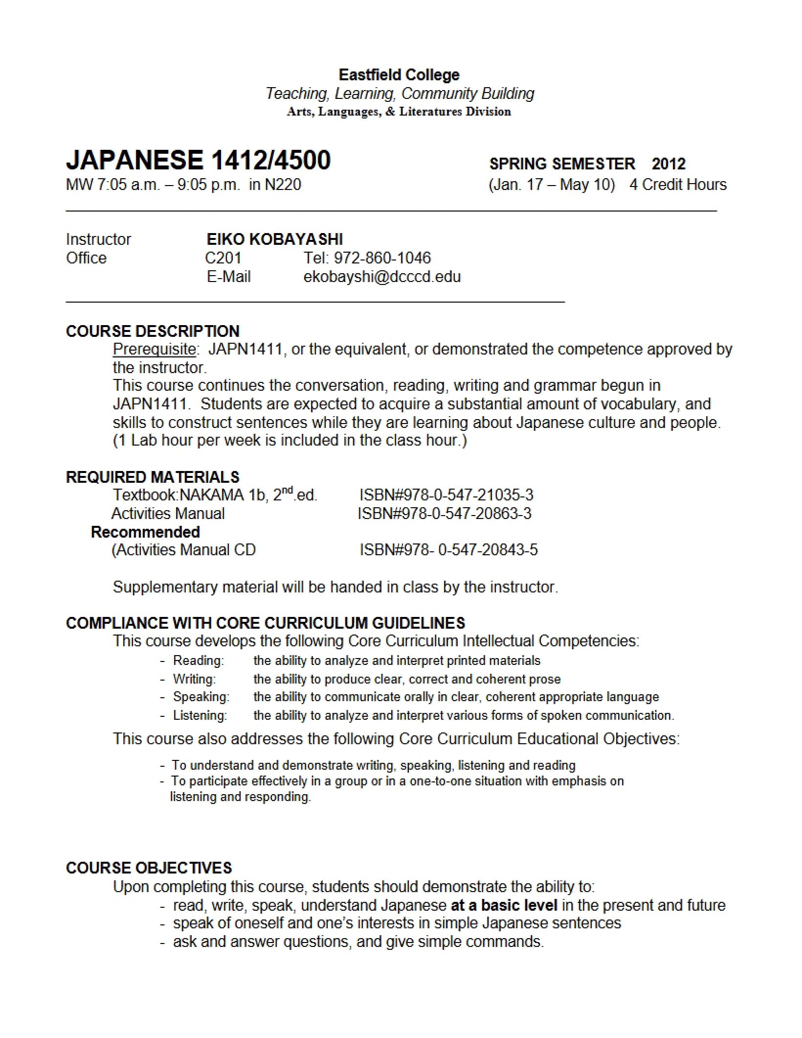 Syllabus for Beginning Japanese II