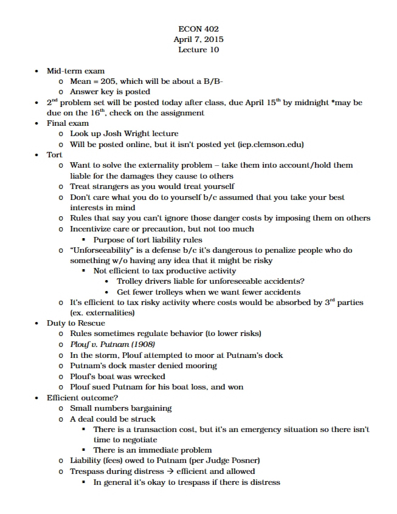 Law and Economics Lecture Ten