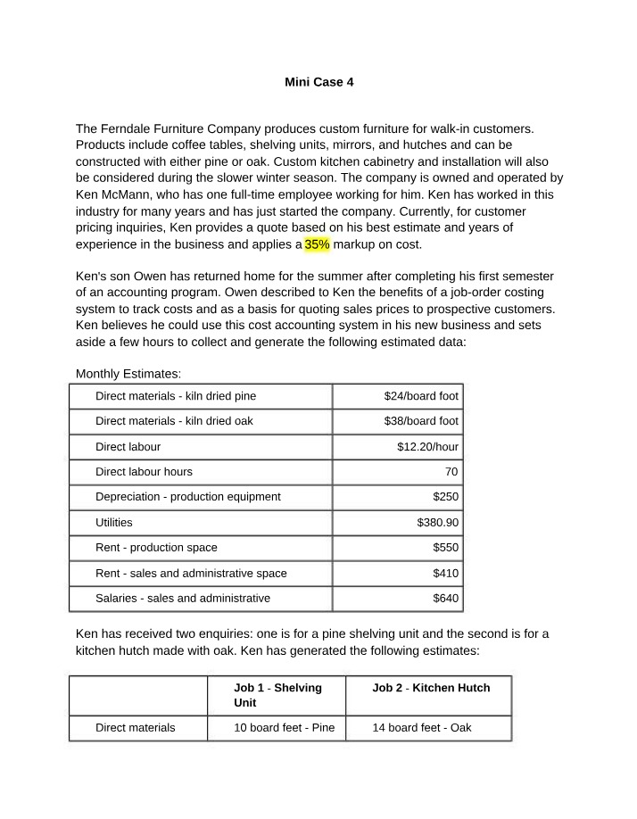 Ferndale Furniture Company - Job Costing and Pricing