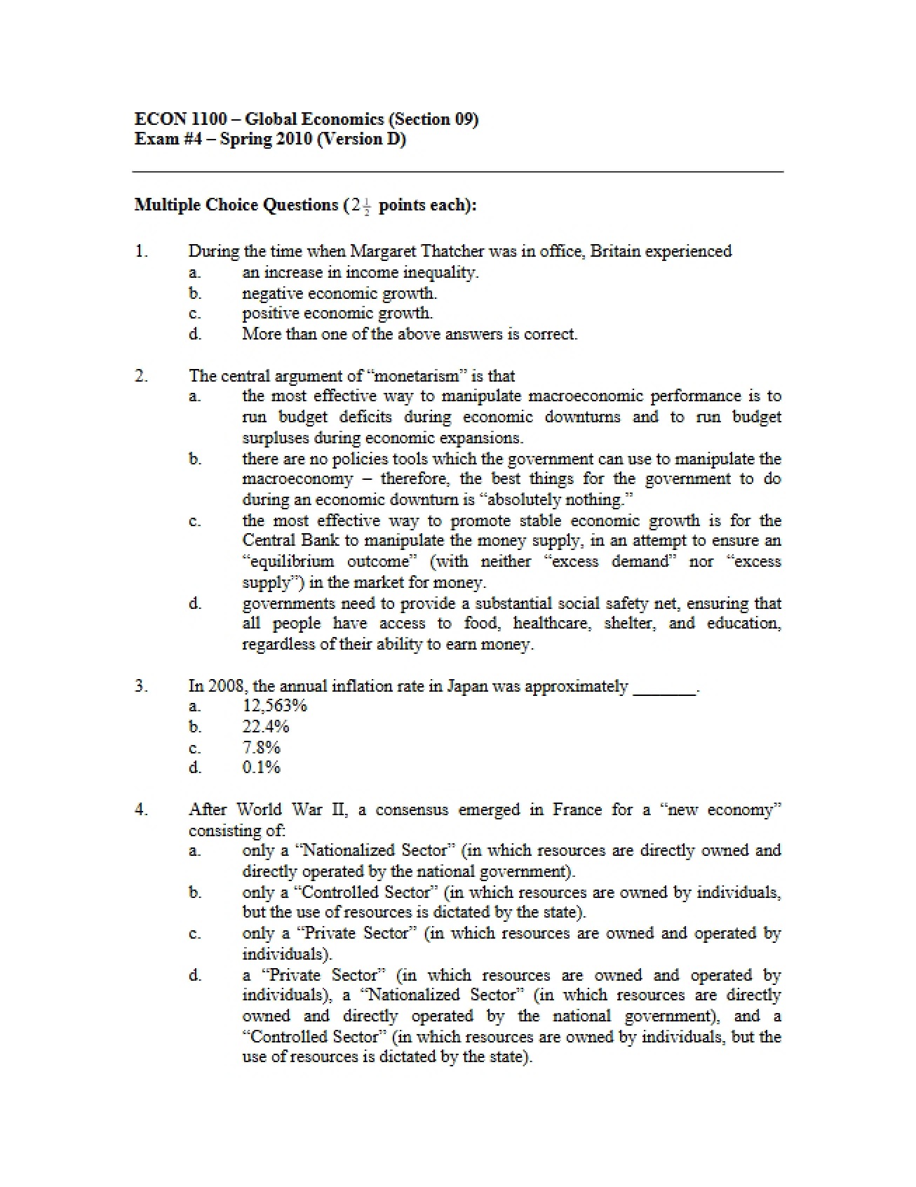 Global Economics Exam 4 Practice