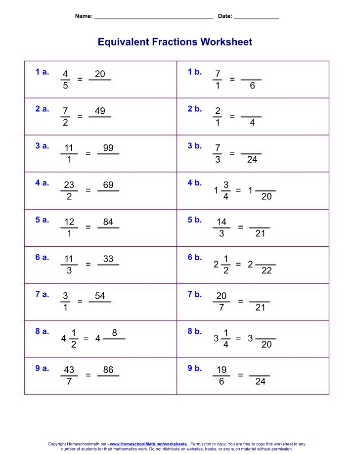 Worksheet on Equivalent Fractions