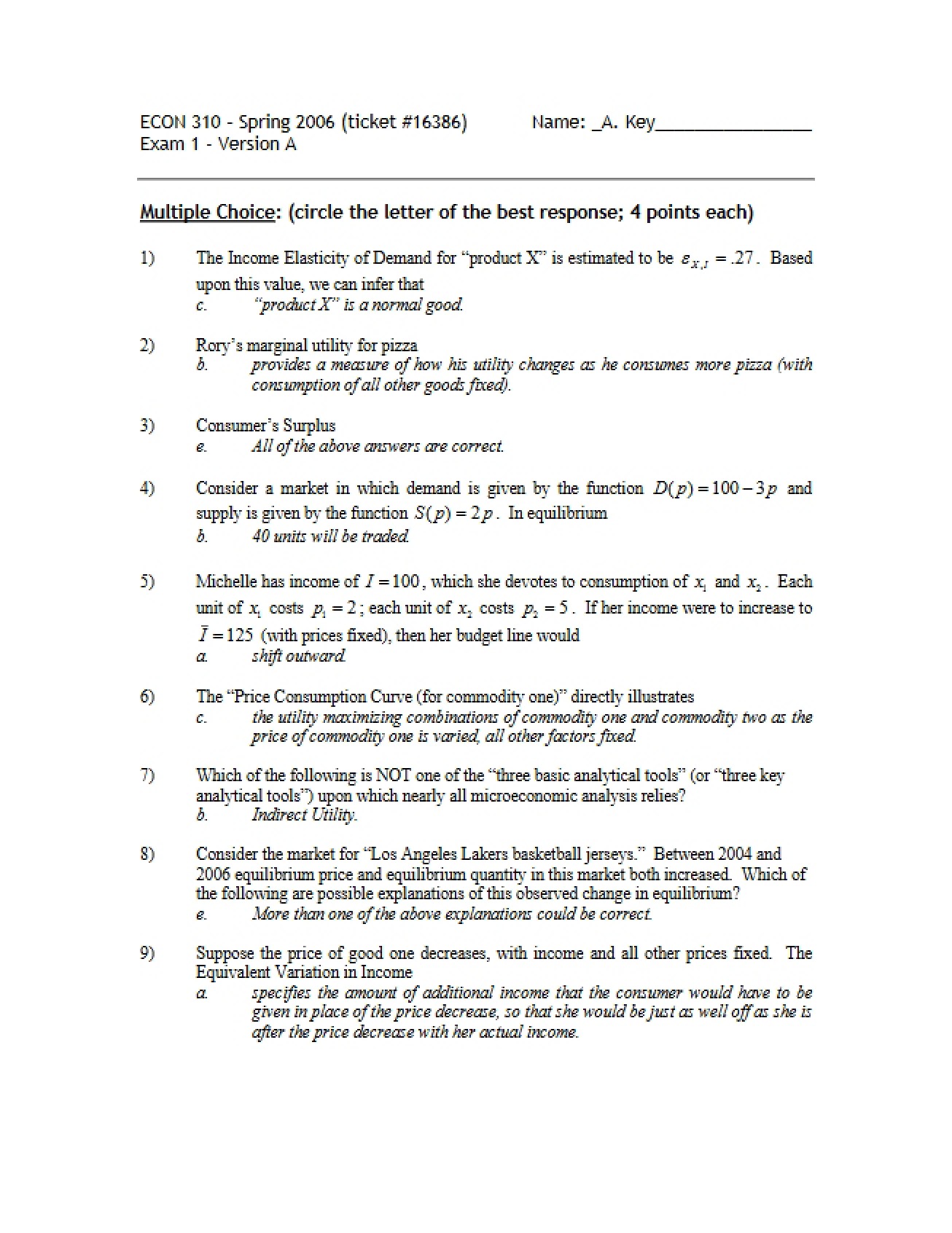 Answer Key for Exam 1