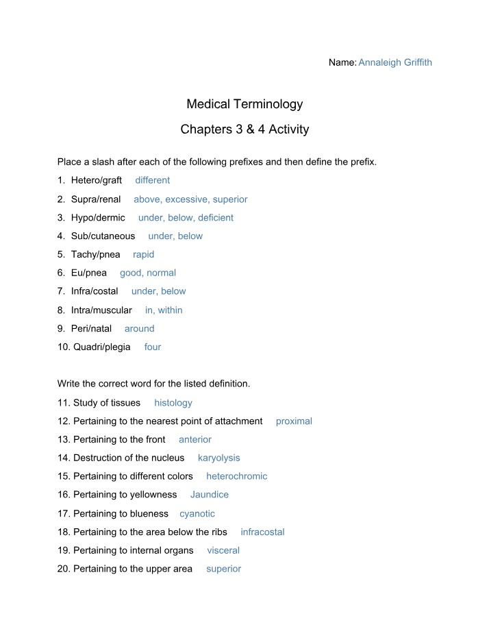 Activity for Medical Terminology Chapters 3 & 4