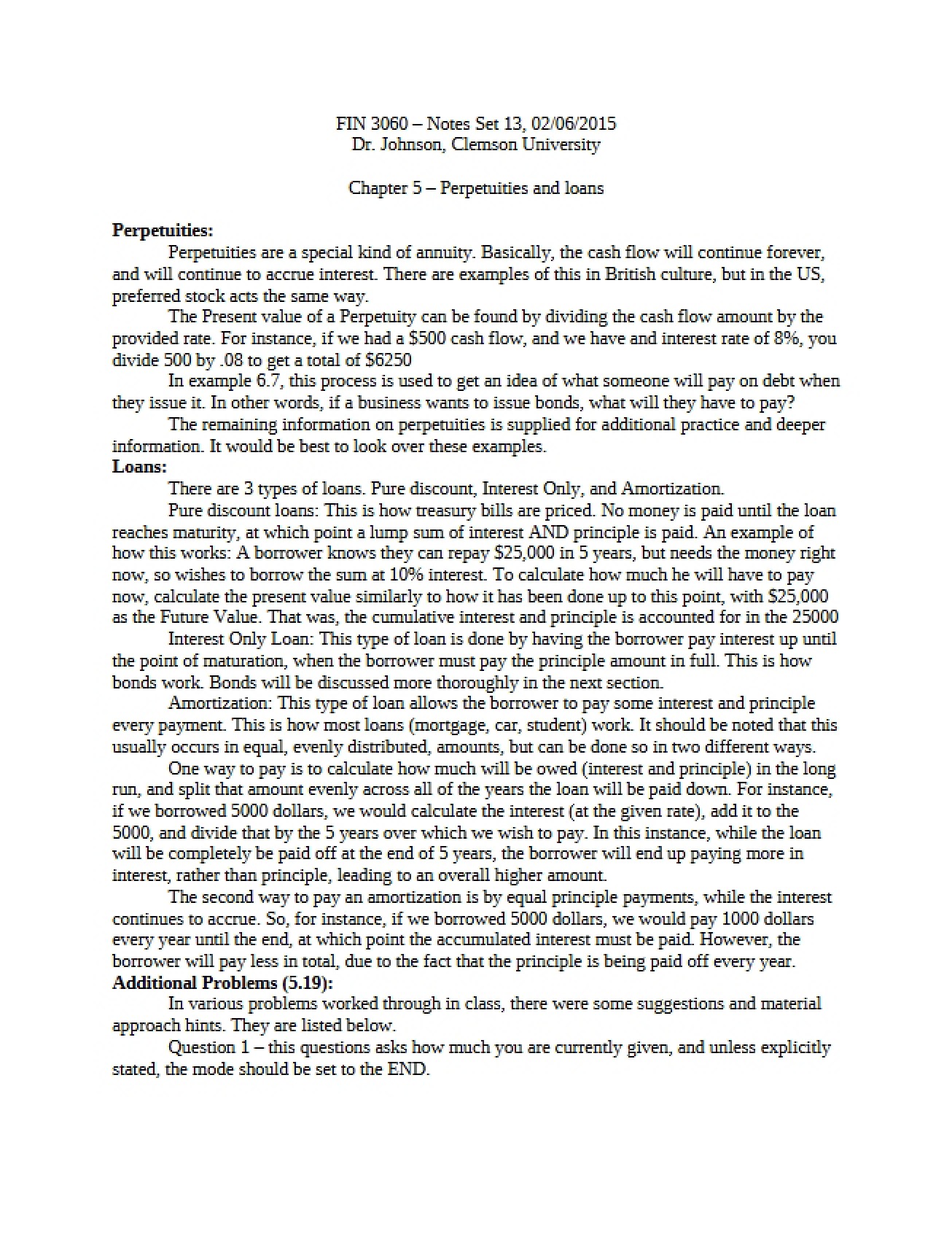 Loans and Perpetuities (Chapter 5)