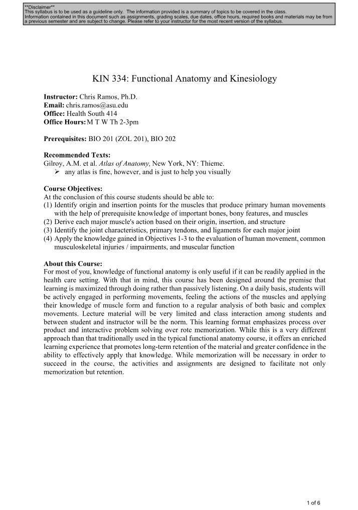 KIN 334 Functional Anatomy and Kinesiology - Fall 2023 Syllabus and Class Schedule