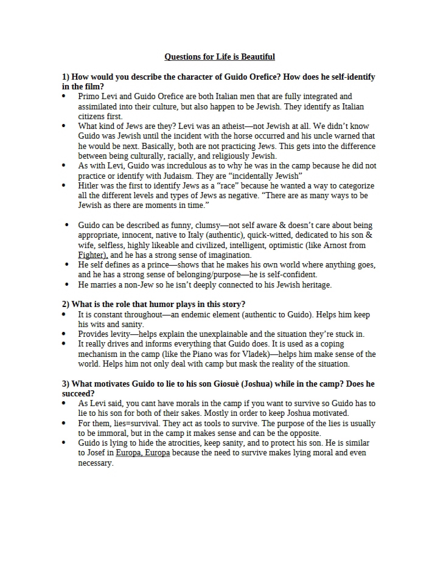 Life is Beautiful Discussion Questions