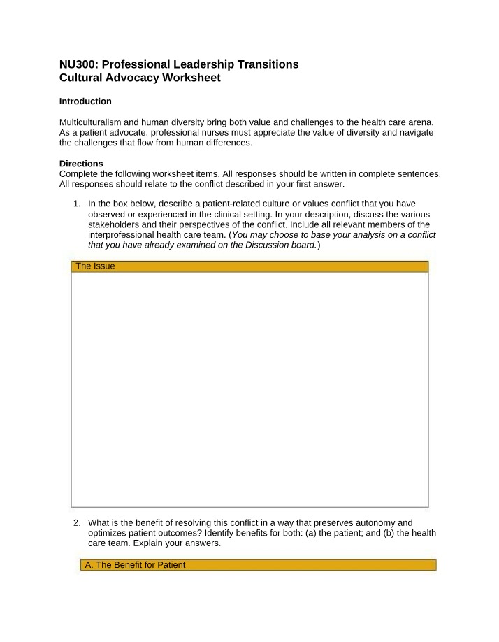 Worksheet for Cultural Advocacy