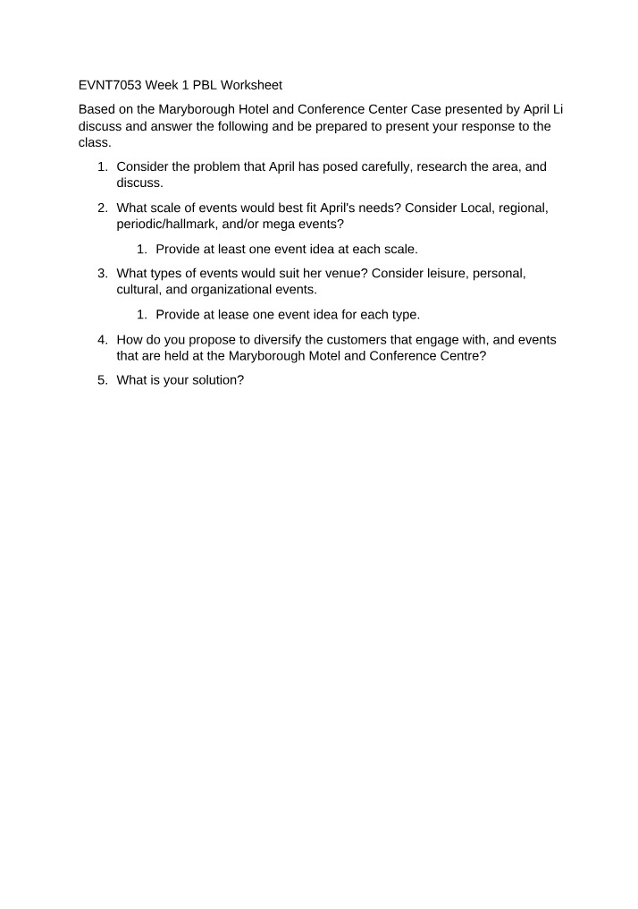 PBL Worksheet for EVNT7053 Week 1