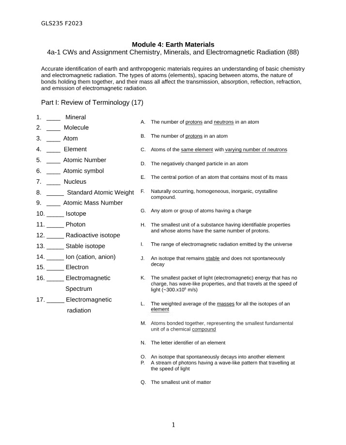 Module 4 - Chemistry, Minerals, and Electromagnetic Radiation Assignment