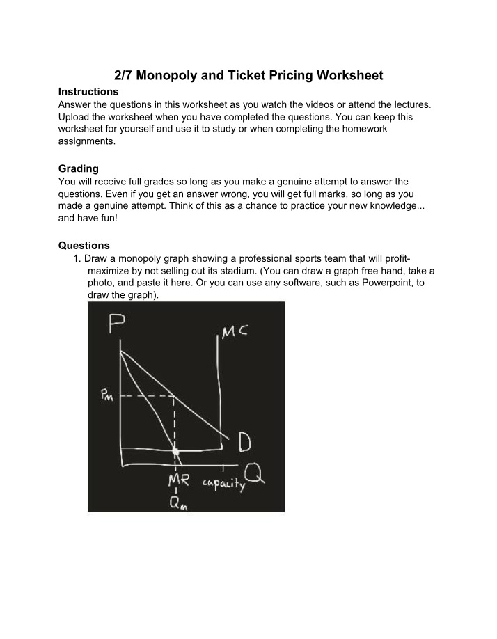 Worksheet on Monopoly and Ticket Pricing