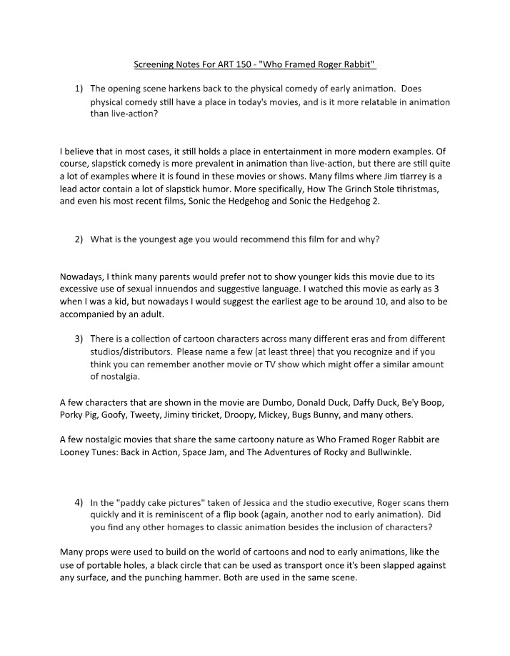 Who Framed Roger Rabbit - ART 150 Screening Notes