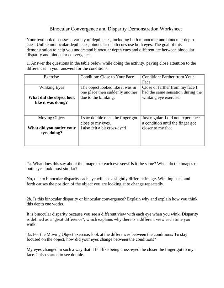 Worksheet on Binocular Convergence and Disparity