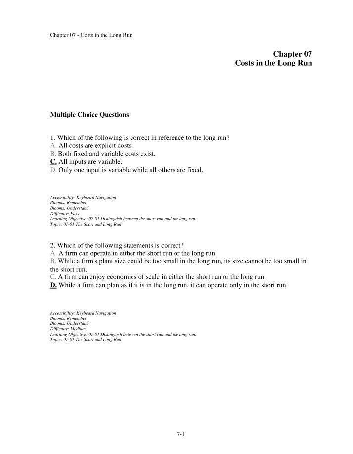Costs in the Long Run - Chapter 07
