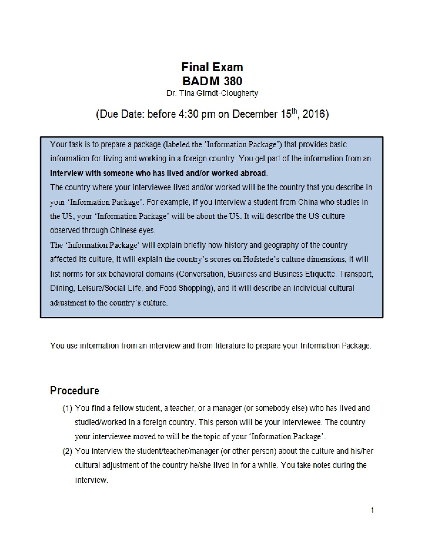 Instructions Final Exam Paper