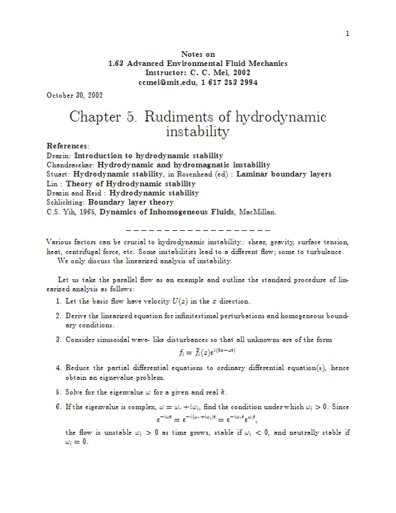 Hydrodynamic Instability Rudiments (Ch 5)