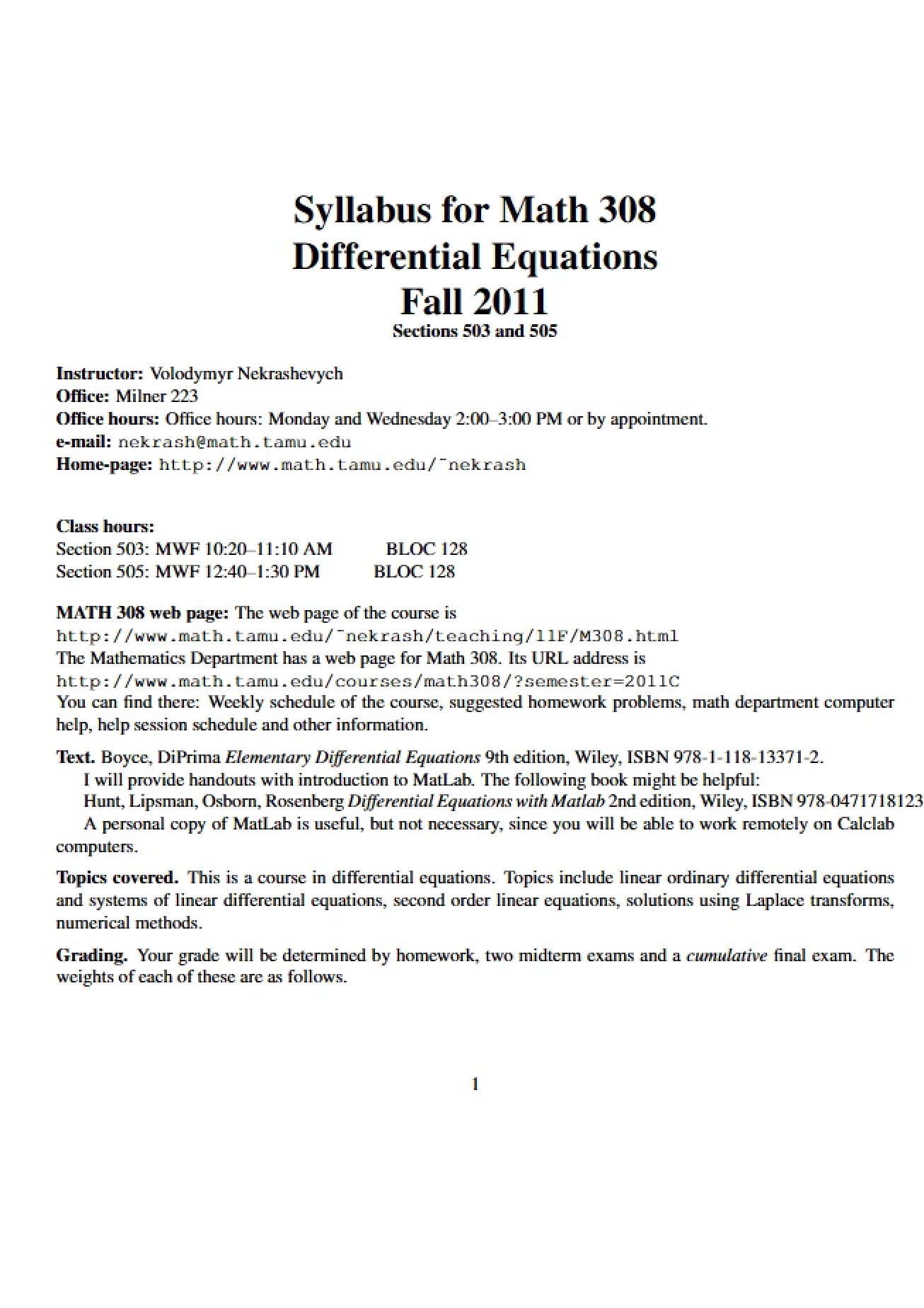 Differential Equations Syllabus