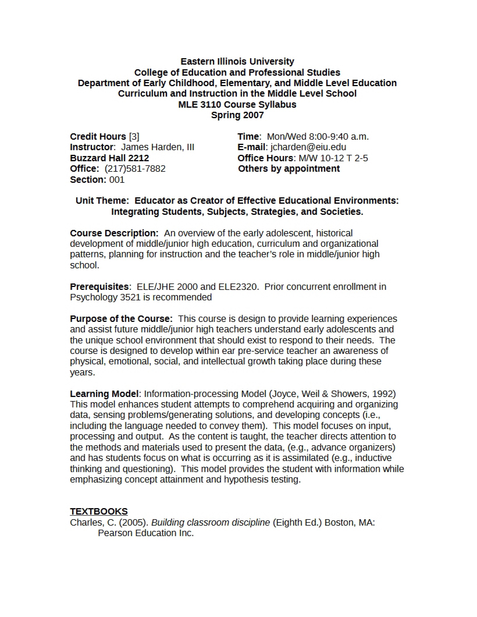 Syllabus for Curriculum in Middle Level School (6)