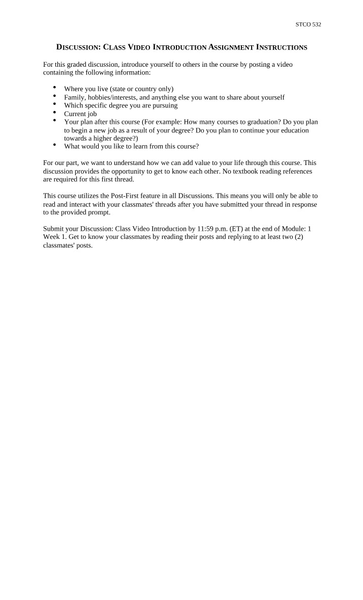 Instructions for Discussion Class Video Introduction Assignment