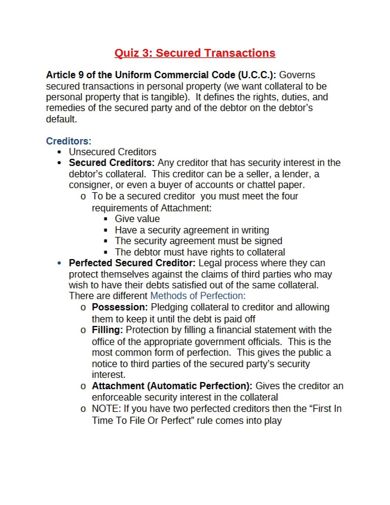 Secured Transactions Quiz Three