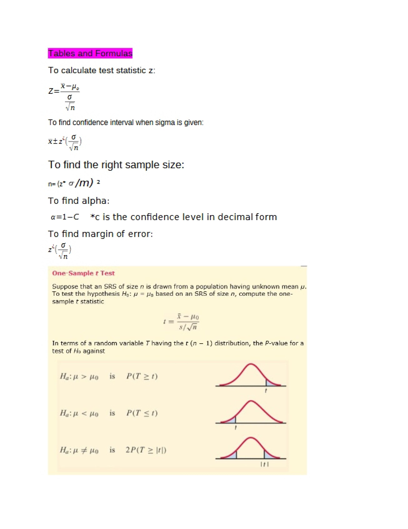 Formulas and Tables