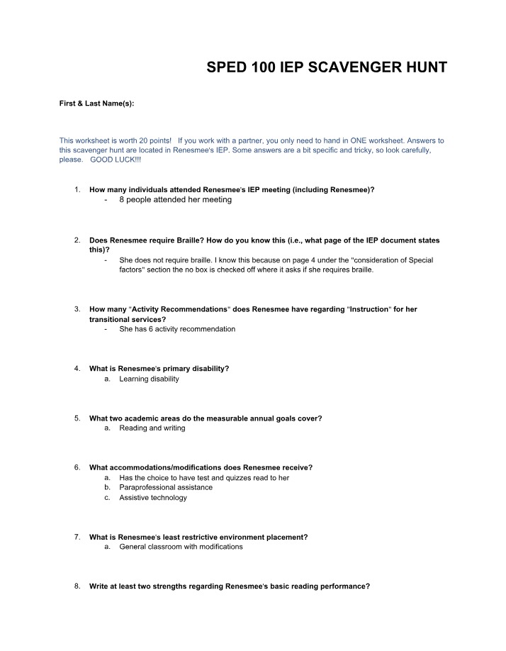 IEP Scavenger Hunt - SPED 100